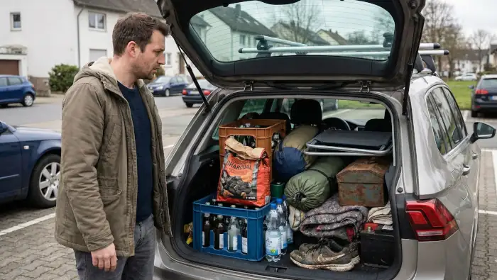 kofferraum-ballast-energiesparen Ein Mann guckt in den Kofferraum seines Autos. Dort ist lauter Ballast, der dort nicht sein muss. Er kann Energie sparen, indem er nur das transportiert, was er tatsächlich braucht.